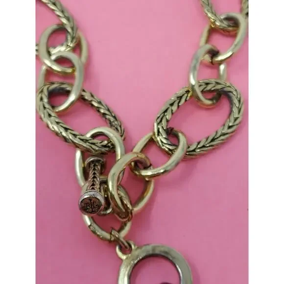 Labradorite Charm on Ralph Lauren Old Gold Chain Necklace VTG "RL" on Toggle End - Picture 7 of 9